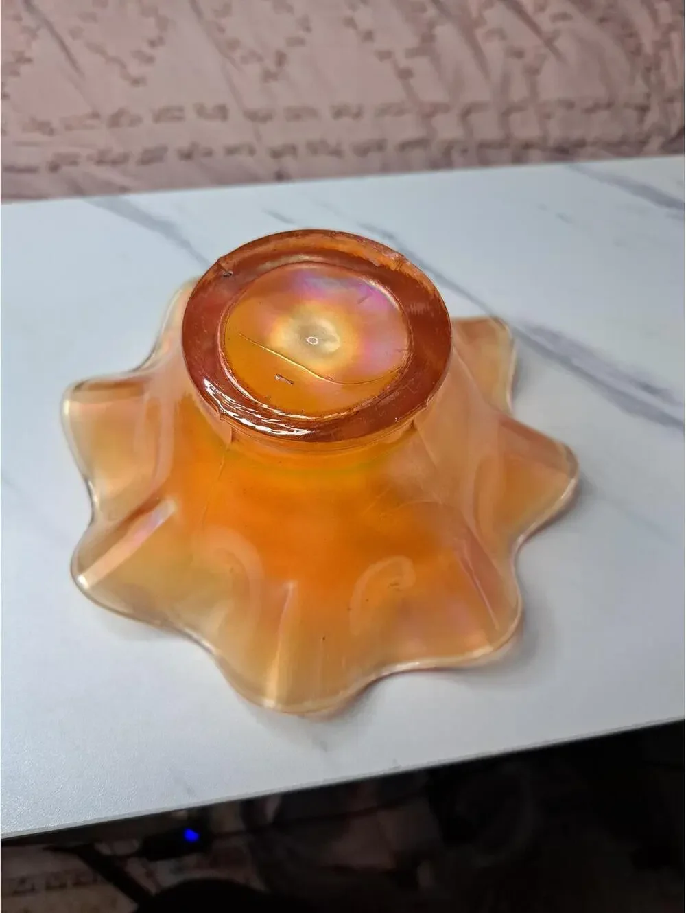 Vintage Iridescent Marigold Carnival Glass Bowl with Ruffled Edge 6
